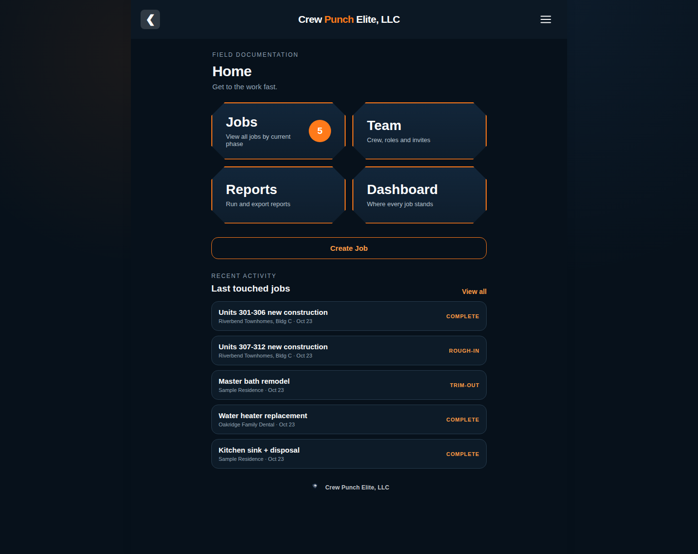 Home dashboard on desktop
