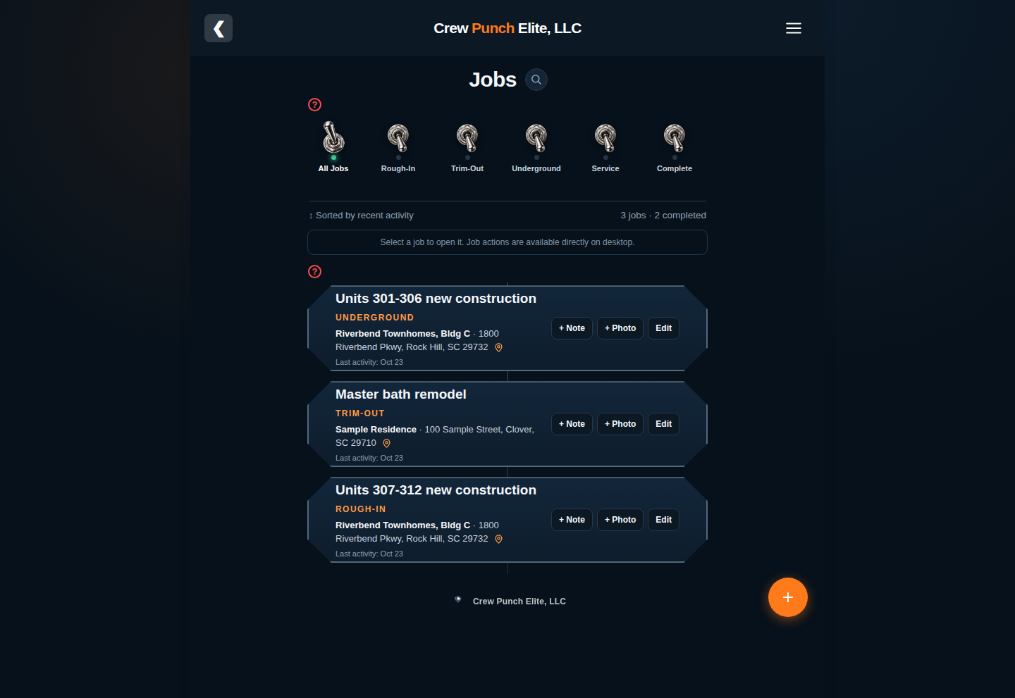Jobs screen on desktop with phase filters