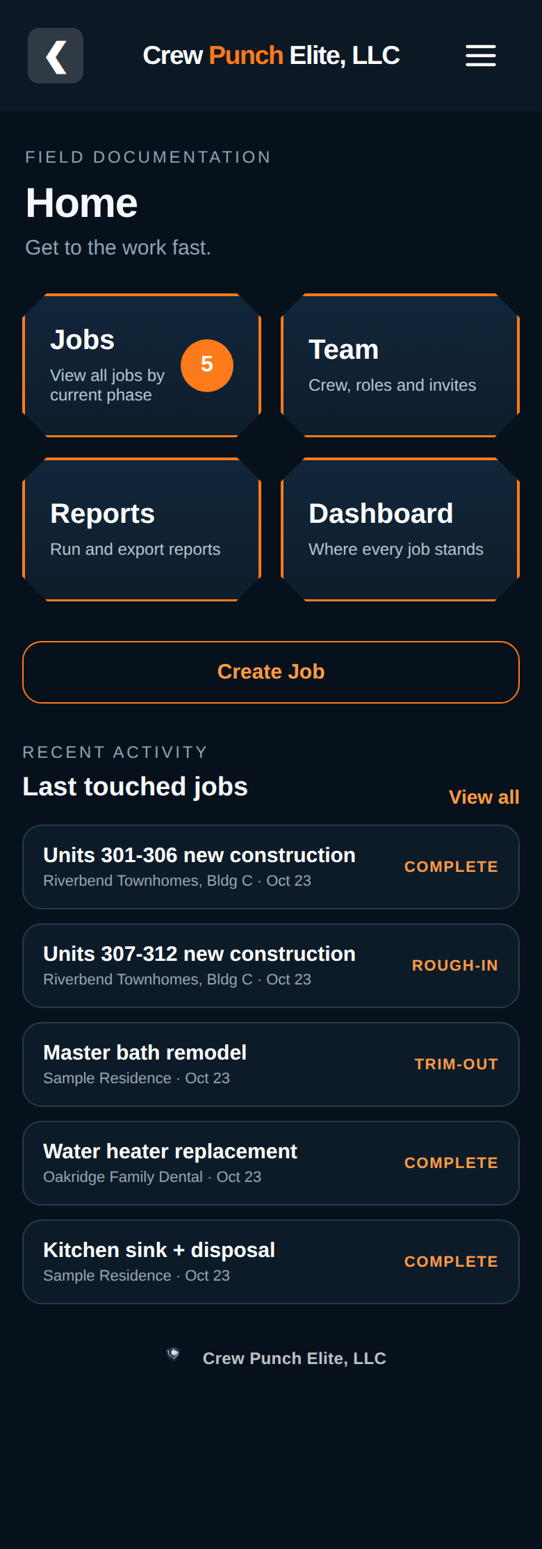 Crew Punch Elite home screen on a phone with recent job activity