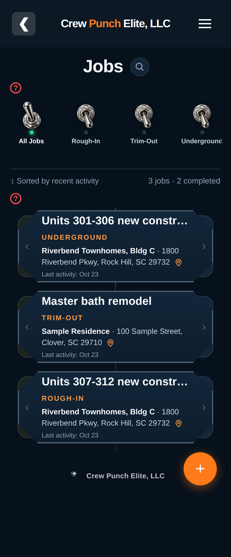 Crew Punch Elite Jobs screen on a phone, showing all jobs with phase toggles