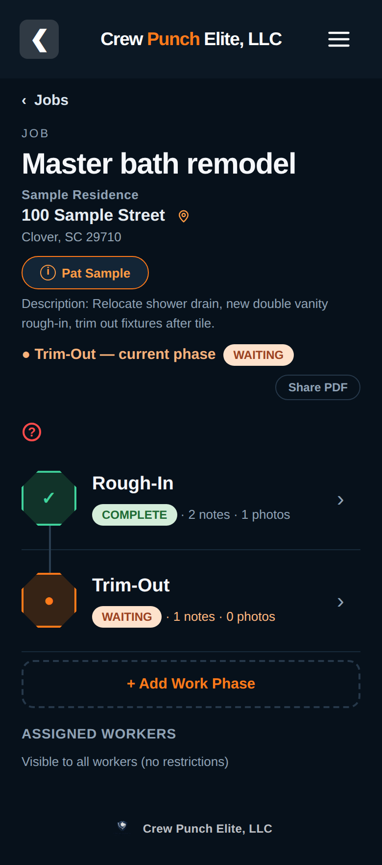 Job details on a phone with phase status and progress