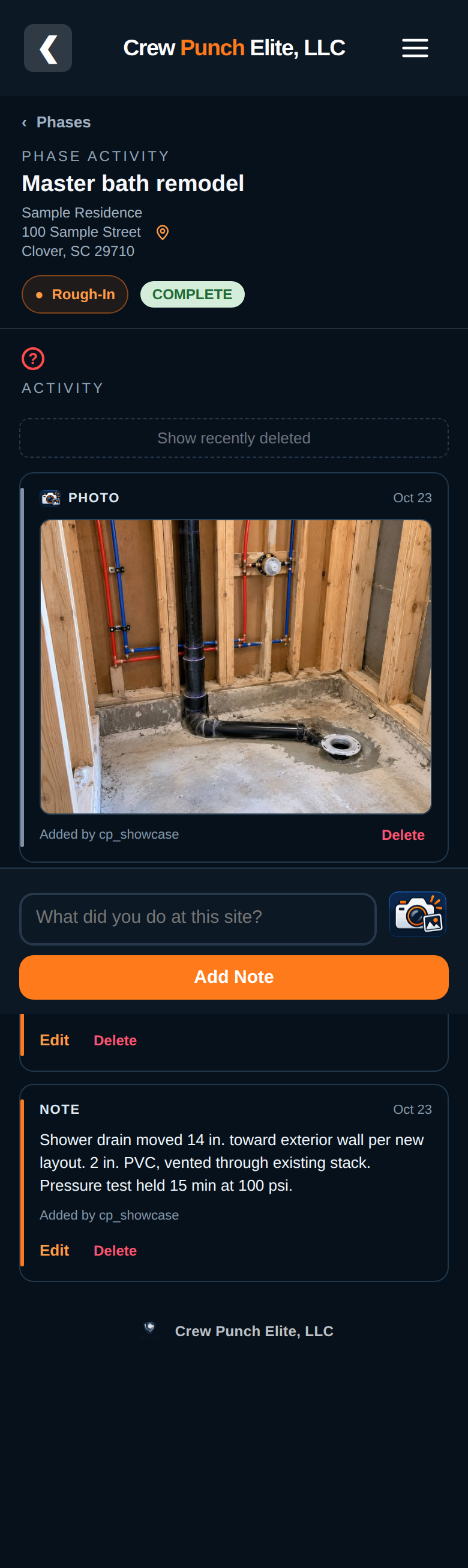 Mobile field activity screen with a note and a sample job photo of a relocated shower drain attached to the Rough-In phase
